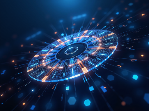 未来科技概念图，包含数据流、网络连接、人工智能元素，蓝色科技感背景